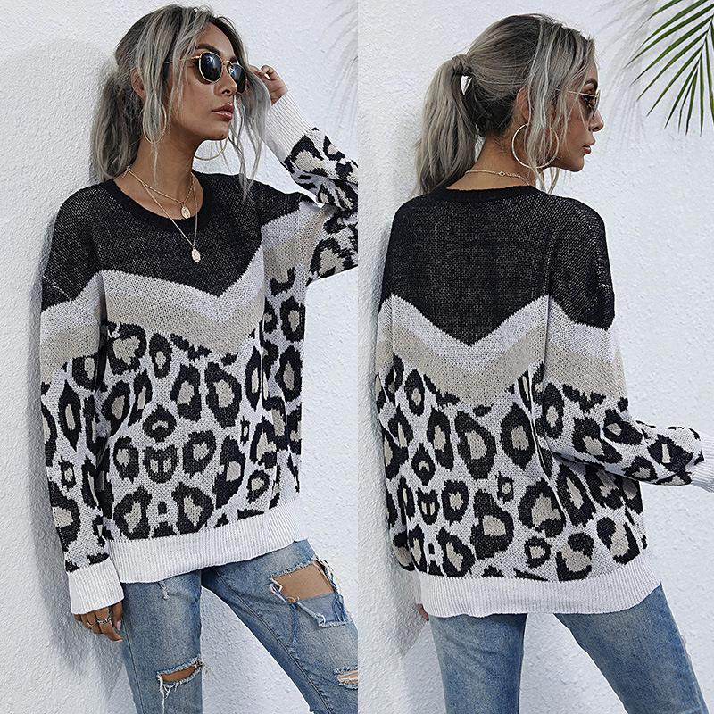 Women's Crew Neck Sweater, Color-Block, Leopard Print, Loose Fit for Fall and Winter