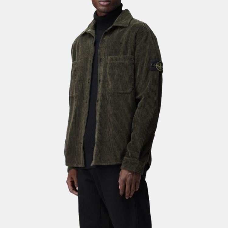 STONE ISLAND Casual Loose Fit Polo Button Down Solid Color Long Sleeve Shirt Men Shirts Green 791511311000-V0058
