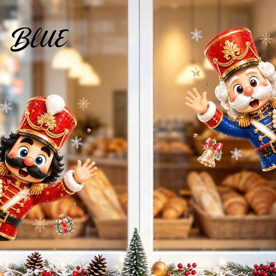 Static Cling Decals Christmas Window Clings, Removable Glass Decals, Snowman Santa Reindeer Nutcracker Glue Free Film with Snowflakes, Reusable