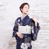 Kyoto Kimono Yuzen Women's Yukata and Obi Set (2-Piece Set) Floral Print Summer Kimono (Navy with Ball Pattern)