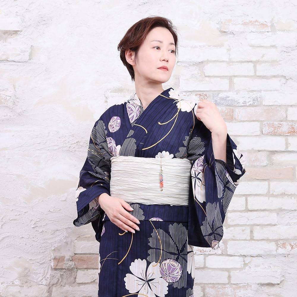 Kyoto Kimono Yuzen Women's Yukata and Obi Set (2-Piece Set) Floral Print Summer Kimono (Navy with Ball Pattern)