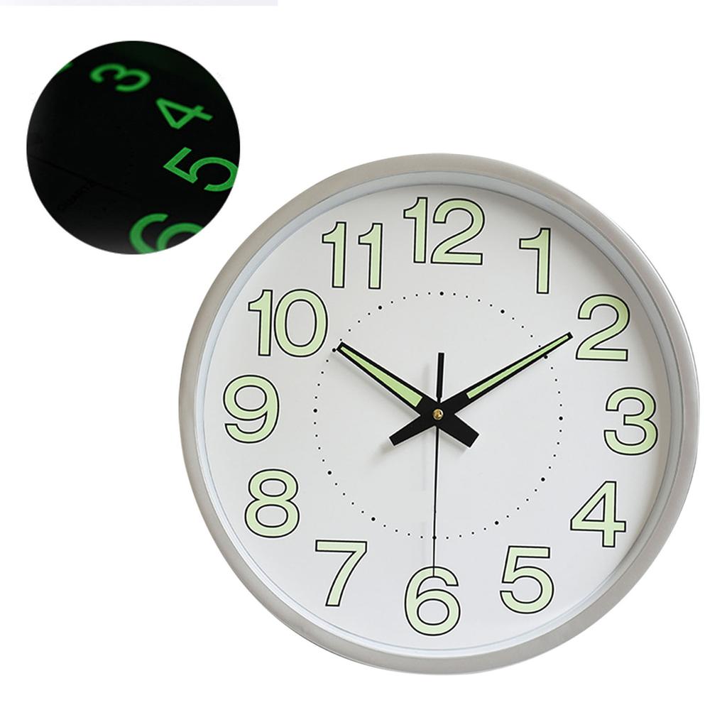 12 Inch Luminous Wall Clock Minimalist Round Quartz Clock for Bedroom Living Room Decoration Silver