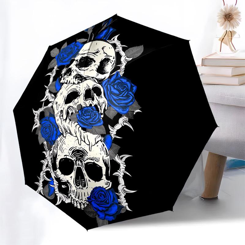 1pc Skull Roses Tattoo Design Umbrella with Plastic Handle,Compact & Stylish,Cartoon Pattern,Outdoor UmbrellaPT493