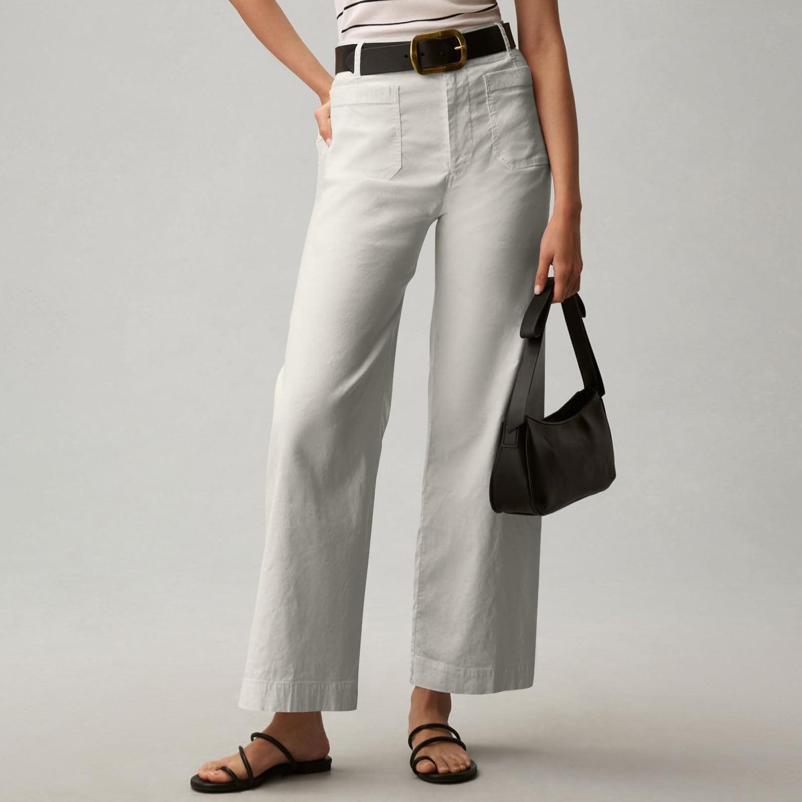 Women s Solid Color Casual Wide Leg Straight Nine-point Pants With Pockets Pants for Women Women’s Pants Women’s Pants 2026 S белый