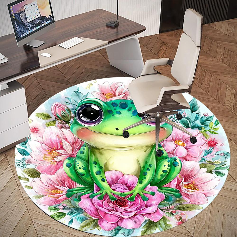 1PC Frog Flowers Office Round Area Rug, Under Office Chairs Bedroom Living Room Home Decor,Carpet for Office, -1110236