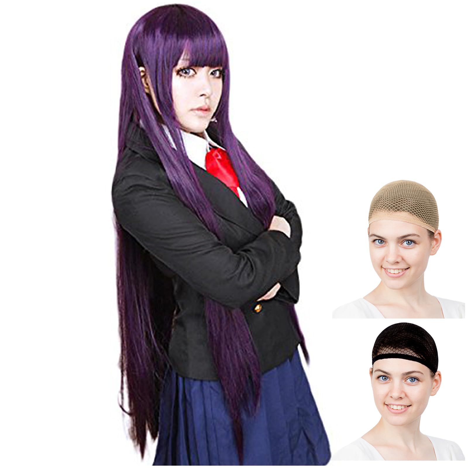 

CaseEden Косплей-парик, Длинный, Прямой, 100см, Гладкий, Фиолетово-черный, Темно-фиолетовый, В комплекте 2 сетки для парика