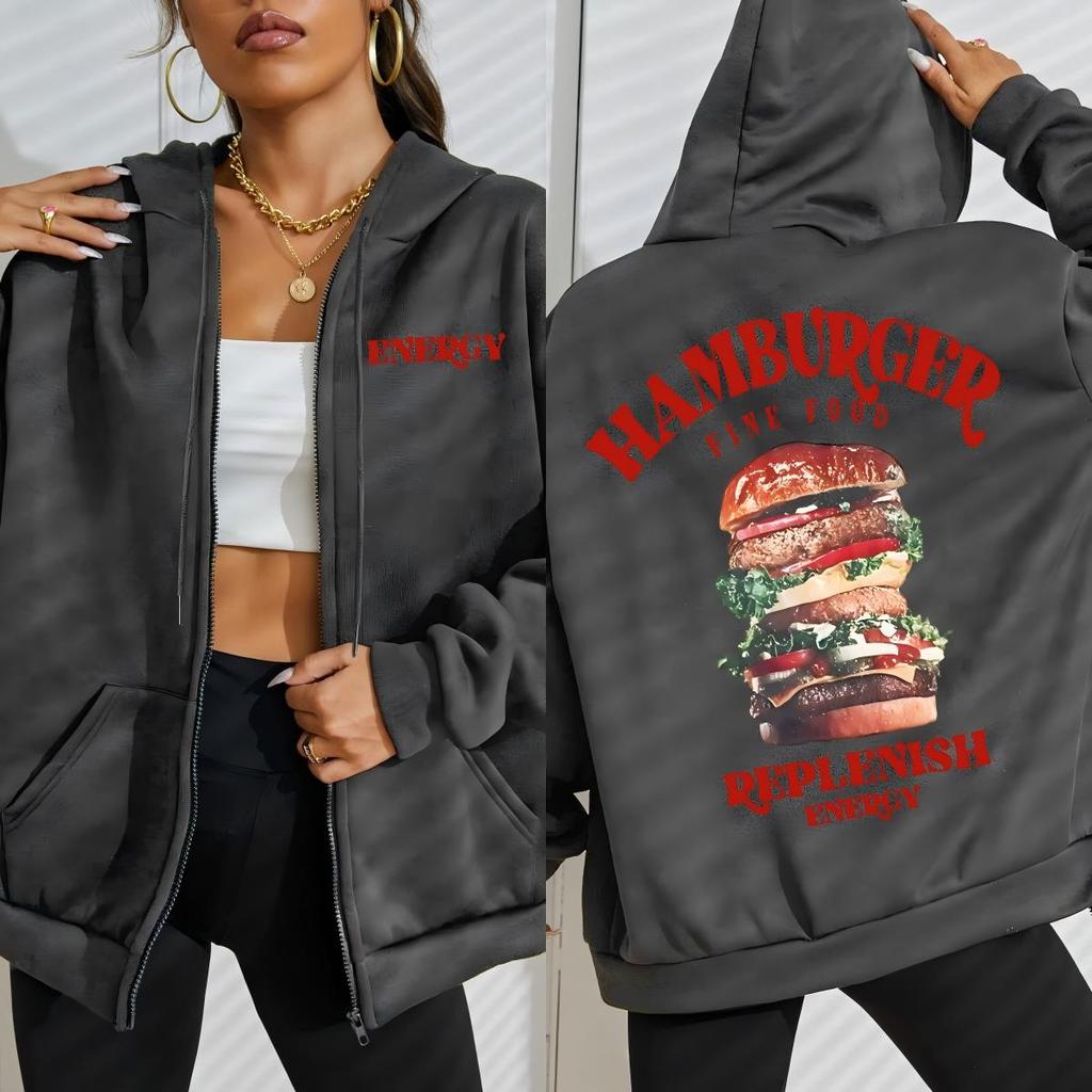 Hamburger Fine Food Replenish Energy Pattern Zipper Hoodies Women Autumn Streetwear Fleece Hoody Casual Oversize Top