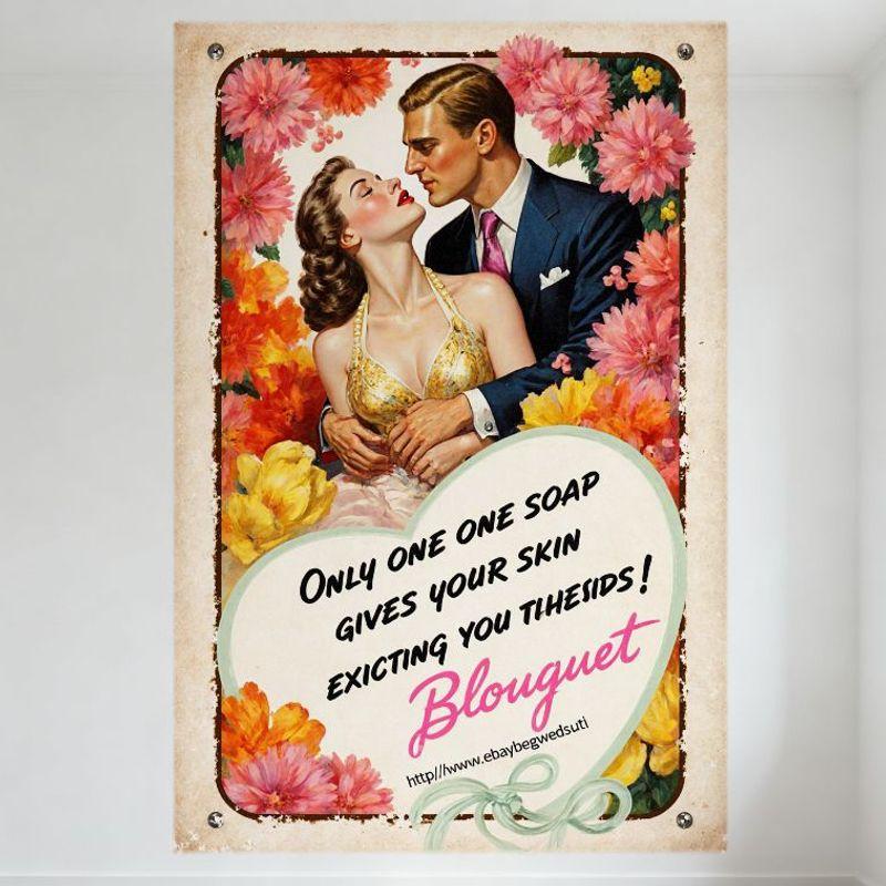 Vintage Blouquet Soap Ad Romantic Embrace Tin Sign Metal Poster Retro Wall Decor for Home Bar Pub 20x30cm（7.8x11.8inch）
