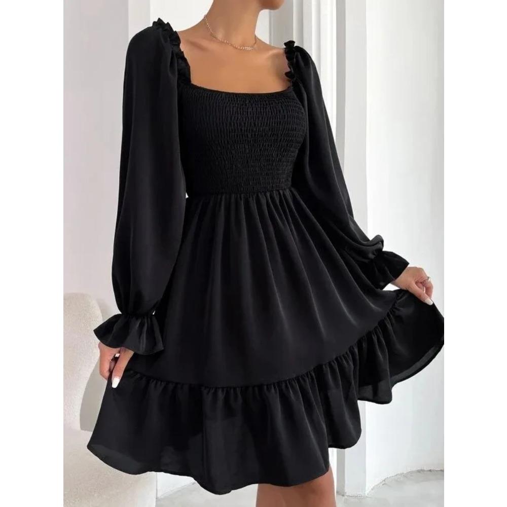 European and American French Simple Square Collar Parallel Crepe Sewing Body Ruffled Hem Dress