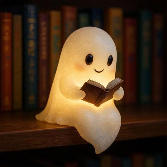 Cute Ghost Reading Lamp LED Sitting Ghost Reading A Book Night Light for Halloween Bathroom Bedside Decor