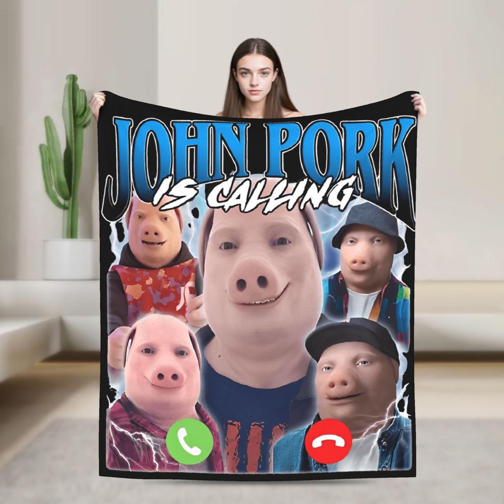 John Pork Is Calling Funny Meme Flannel Blanket Warm Soft Throw Blanket for Bedroom Camping Fashion Bedspread Sofa Bed Cover