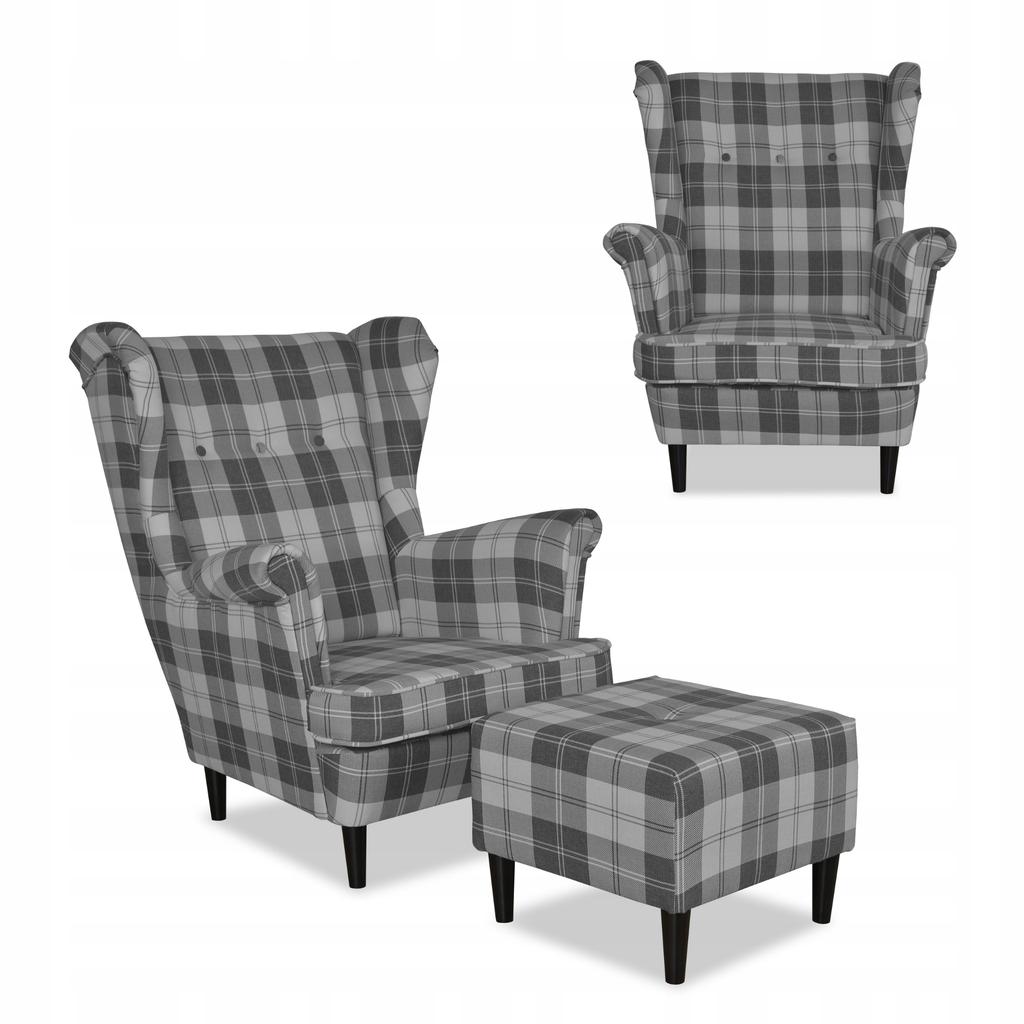Fotel uszak Winston z podnóżkiem pufą Family Meble krata szara