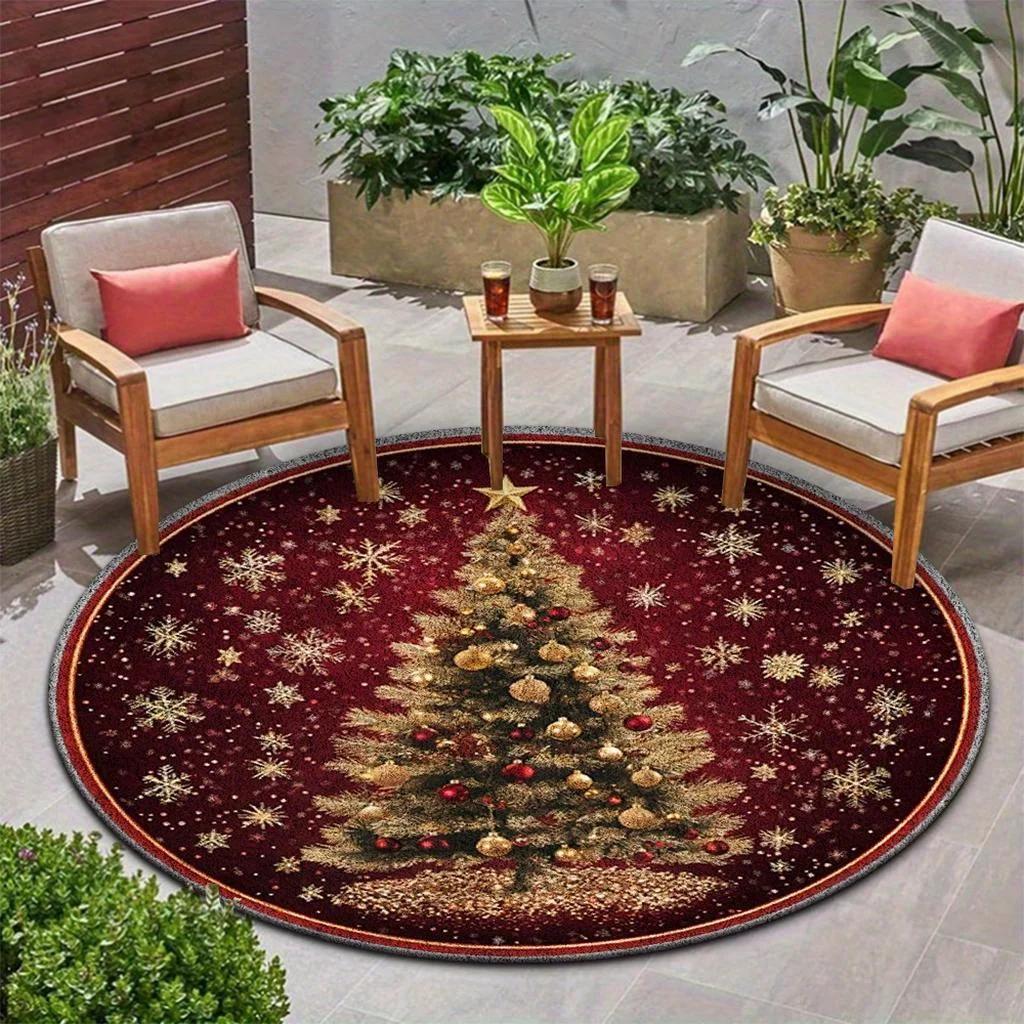 ~O~Christmas Theme Round Rug – Crimson Snowflake & Tree Pattern Festive Floor Mat for Living Room & Bedroom