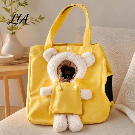 Canvas Cat Carrier Bag Purse, Front & Side Head Hole, Plush Bear Puppy Outdoor Pet Carrying Purse Tote, Portable Shoulder with Safety Buckle for Cats