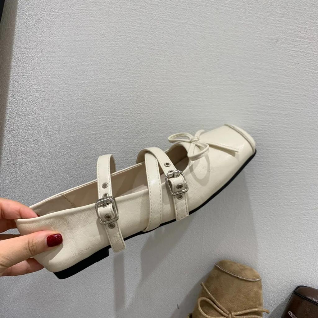 Rétro bout carré plat chaussures simples ballerines automne nouveau marron français boucle nœud Mary Jane chaussures pour femmes
