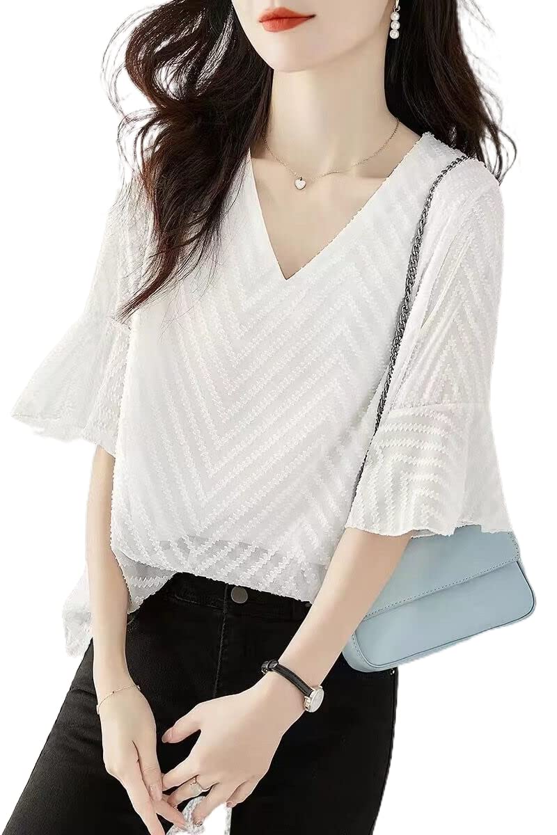 

Блузка Летний Топ Короткий Рукав Клеш Женская Рубашка Пуловер Свободный Крой Аккуратный Стильный [H. zroy] Женский V-образный вырез белый