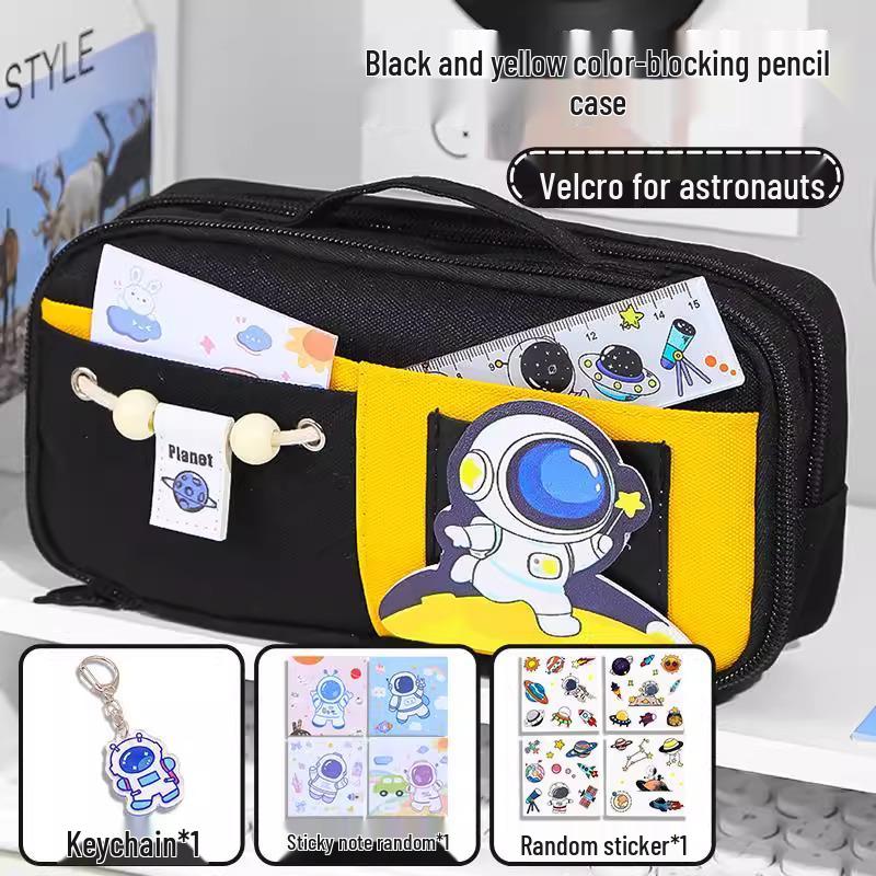 Send Astronaut Velcro! Boys' Black Dirt-Resistant Pencil Case, Hand-Carry, Large Capacity, New 2025 Style.