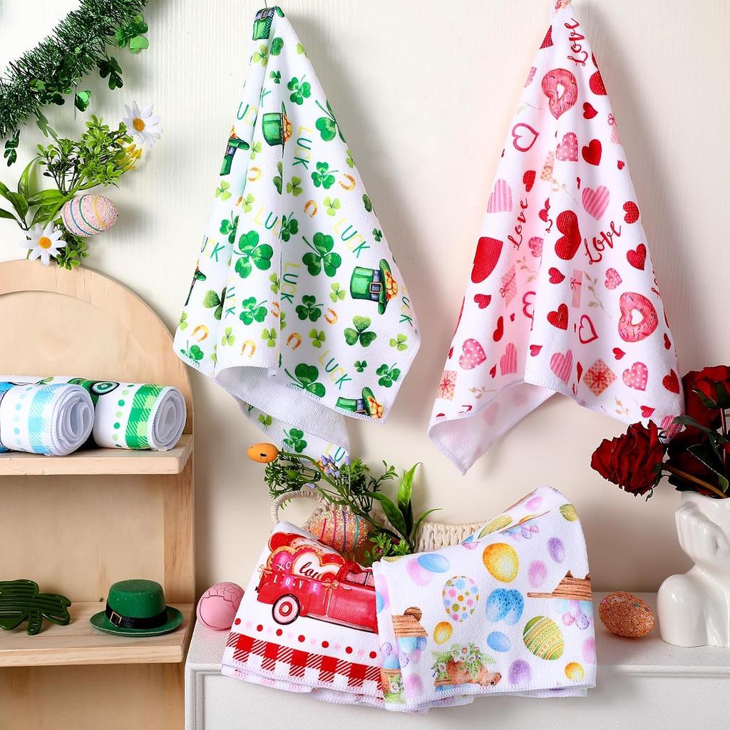 6 Pcs Seasonal Kitchen Towels Valentine's Day Hand Towels St Patrick's Day Easter Dish Towel Set Holiday Heart Shamrock Egg Tea Towel for Kitchen