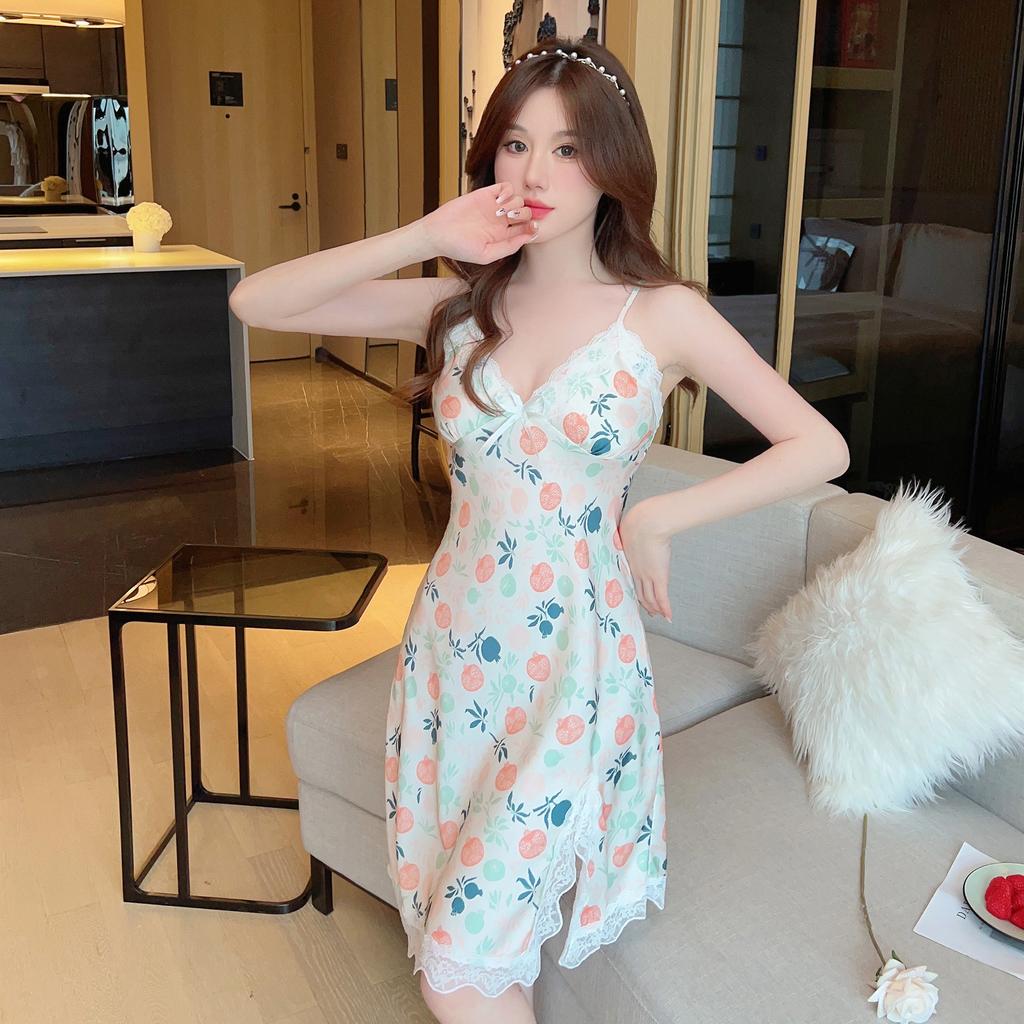 Women's summer print new sexy ice silk nightdress suspender skirt split fork pure desire pajamas with chest pads loungewear