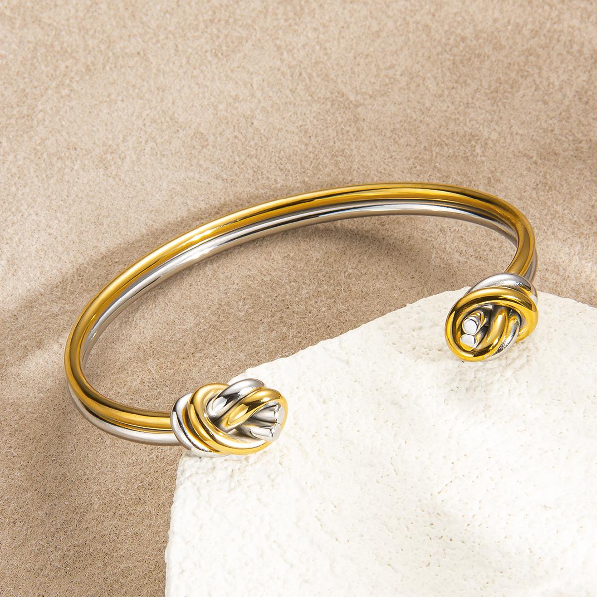 Two Tone Love Knot Cuff Bracelet Stainless Steel Open Bangle Fashion Minimalist Gold Silver Plated Women Jewelry Gift Adjustable