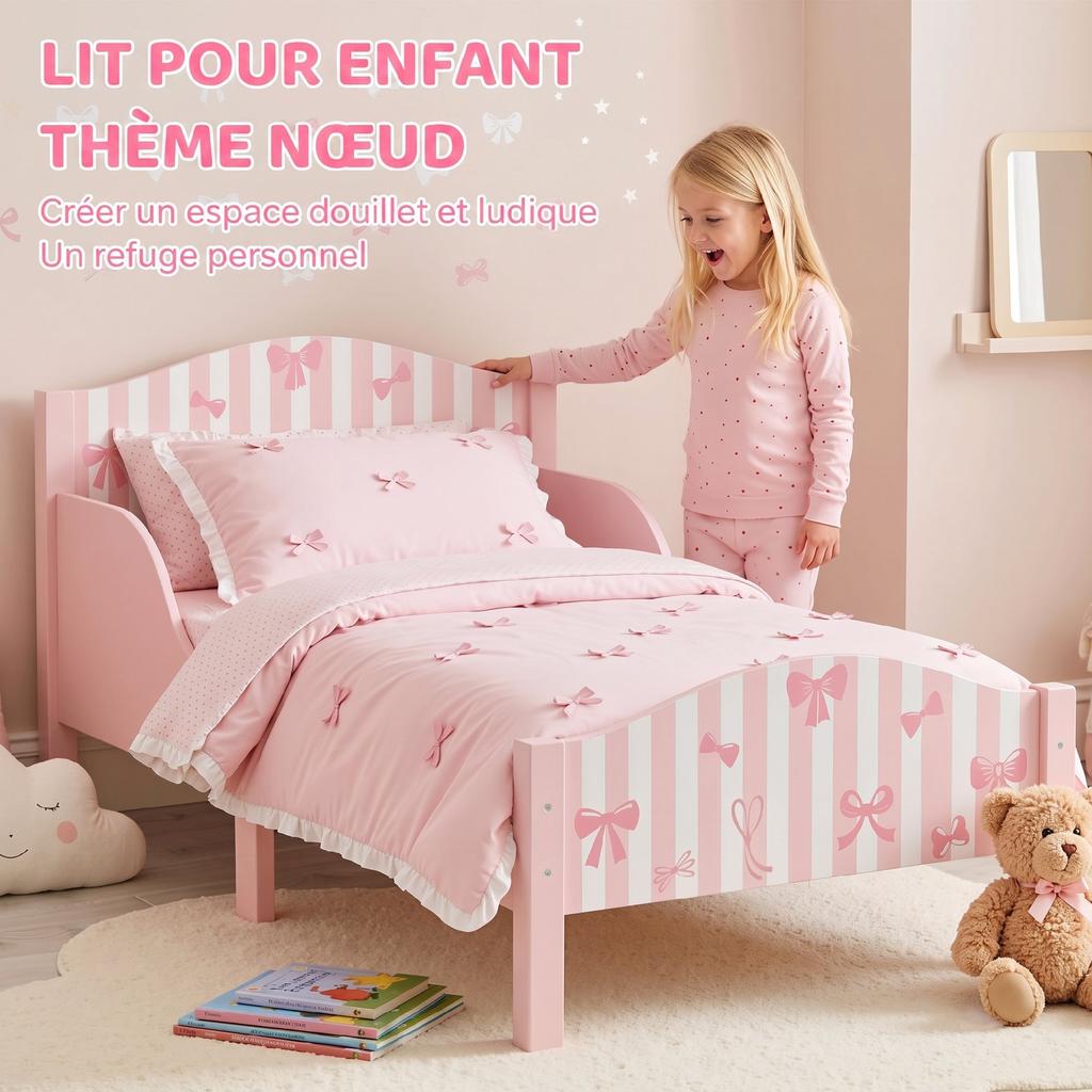Children's Bed, 70 x 140 cm, Safety Rail, Bow Pattern, Pink