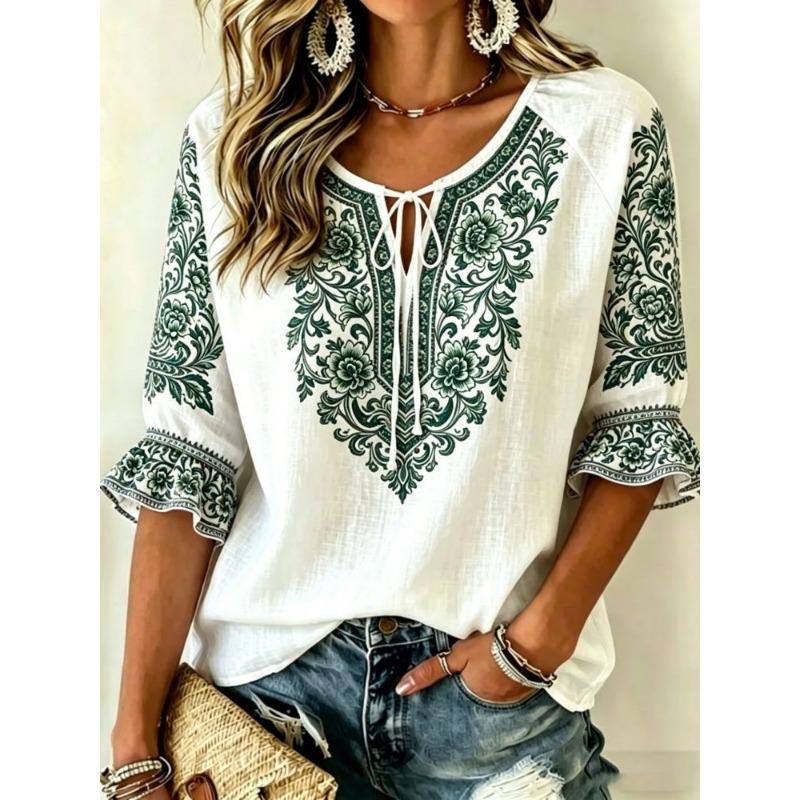 Damen Weiße Bunte Floral Bestickte Krawattenhals Bluse, Lässige Lockere Oberteile für Frühling Sommer Tägliches Tragen & Urlaubsanlässe