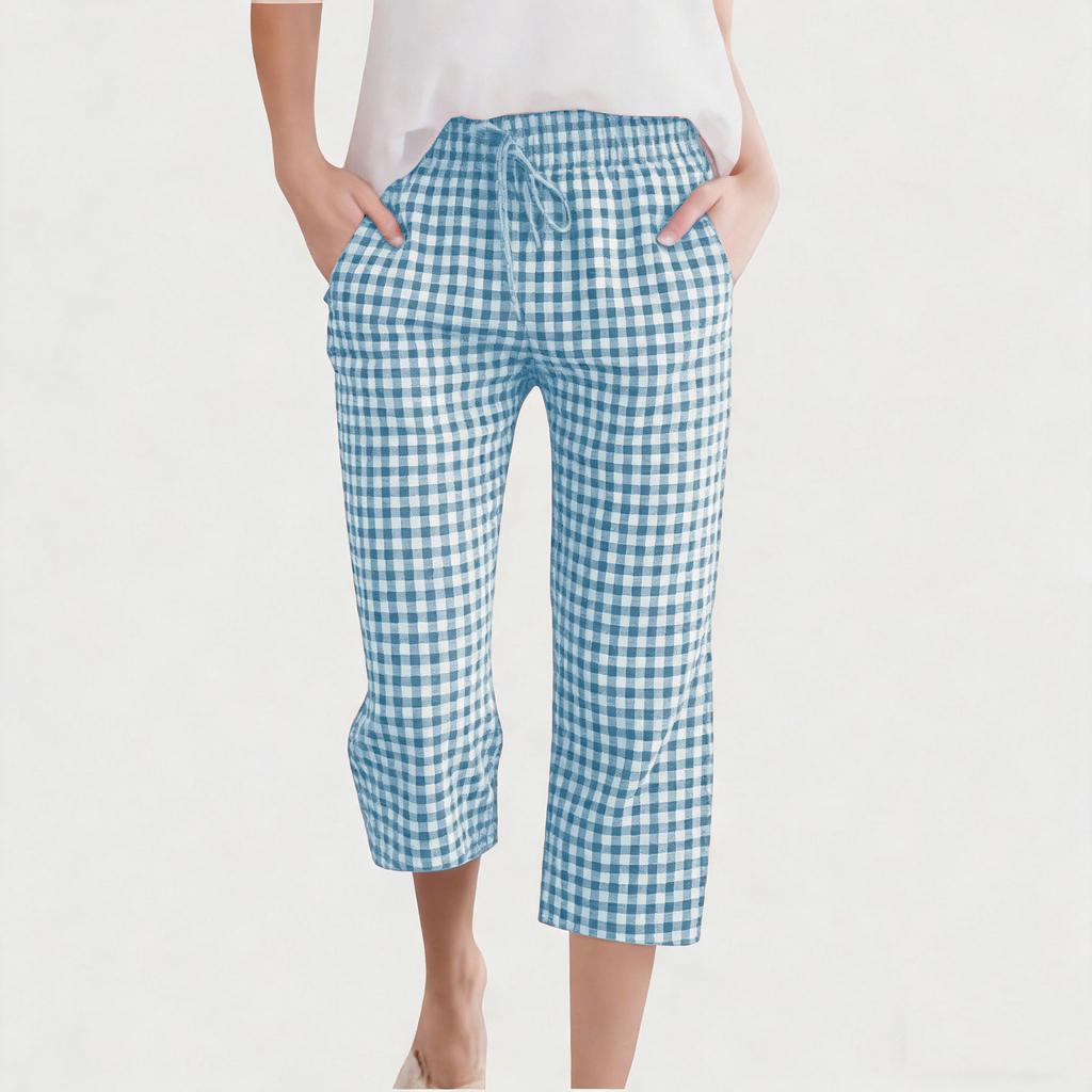 Children's Fashionable And Cute Checkered Elastic Waist Pocket Casual Girls' Cropped Pants