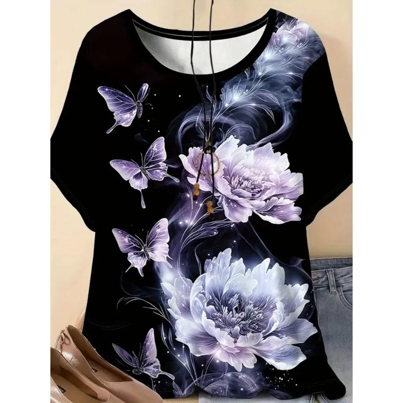 Comfortable Tee Fashion Women's Flower Short Sleeve 3D Flower Color Printing Crew Neck T-Shirt Tops