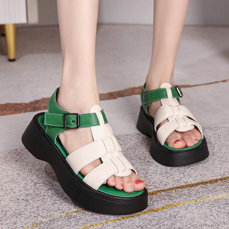 Fashion GKTINOO Summer Mixed Color Genuine Leather Sandals Roman Shoes Platform Wedges Woven Thick Soled Sandals Women Shoes Large Size