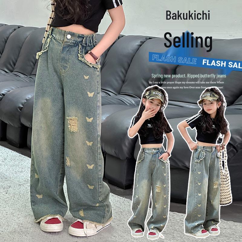 

Spring 2025 Girls Ripped Straight-Leg Jeans - Trendy Kids Fashion 130 cm синій