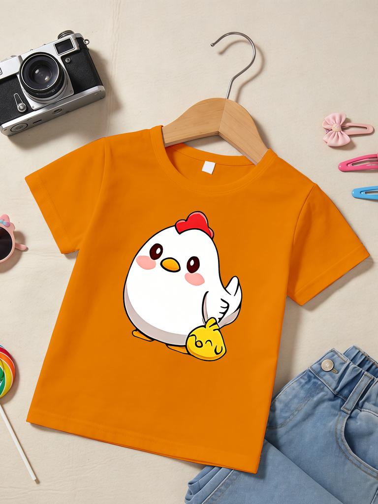 Cute White Chicken With Little Chick Cartoon Print T Shirt Boys Girls Lovely Short Sleeve Tee Family Matching Kids Cotton Tops