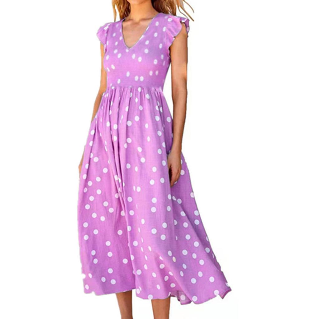 Moda Donna Primavera Estate Scollo a V Vita Orlo Ampio Abito Stampa a Pois