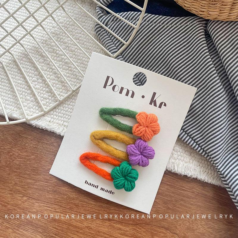 Handmade Korean Crochet Flower Hair Accessory Set for Autumn: Women's & Children's Ponytail Ties & Sweet Side Bang Clips