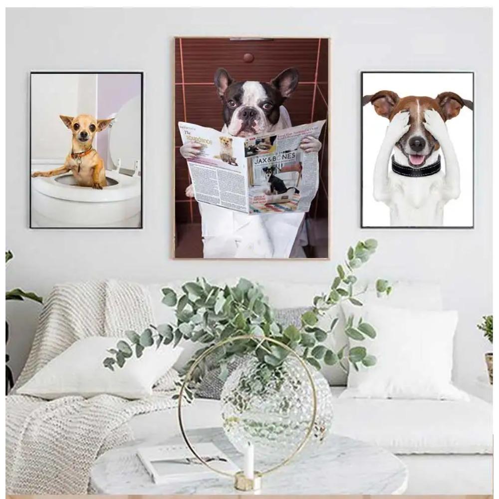Funny Animal Dog Read Newspaper Oil Painting On Canvas Wall Art Poster Prints Wall Art Picture for Bathroom Toilet Decoration
