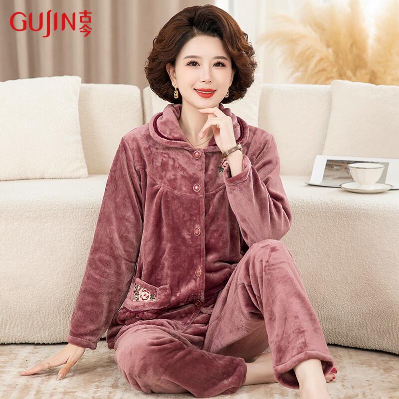 GUJIN Women s Plus Size Autumn/Winter Coral Fleece Flannel Pajama Set XL (100-130 Jin)