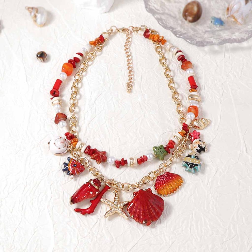 Ocean vacation style niche creative design sense fashion fresh scallop conch pendant double layer stacked necklace