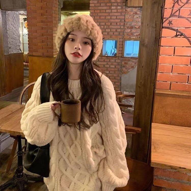 Women's crew neck twist knitted sweater new autumn and winter purple outer wear sweet sweater women's lazy outer wear top