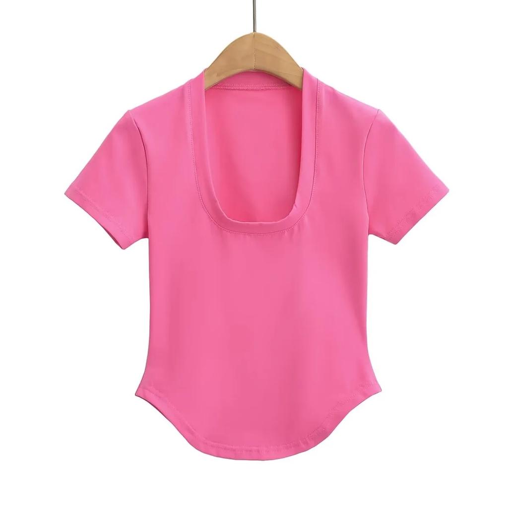 American Summer New Style Chest Revealing U-Neck Slim Fit Short Sleeved Top Sexy Slim Fit Revealing Short Curved Hem T-Shirt