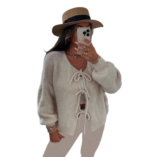 Женский свитер пальто с круглым вырезом длинный рукав на шнуровке вязаное пальто однотонный свободный крой повседневный стиль вязаная верхняя одежда S абрикосовый 3250₽