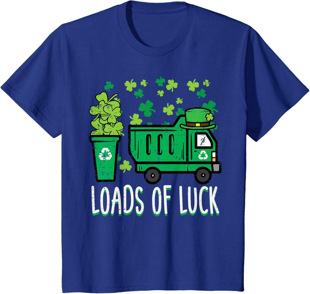 Garbage Truck Loads Of Luck St Patricks Day Graphic Tee Recycle Theme Short Sleeve T-Shirt