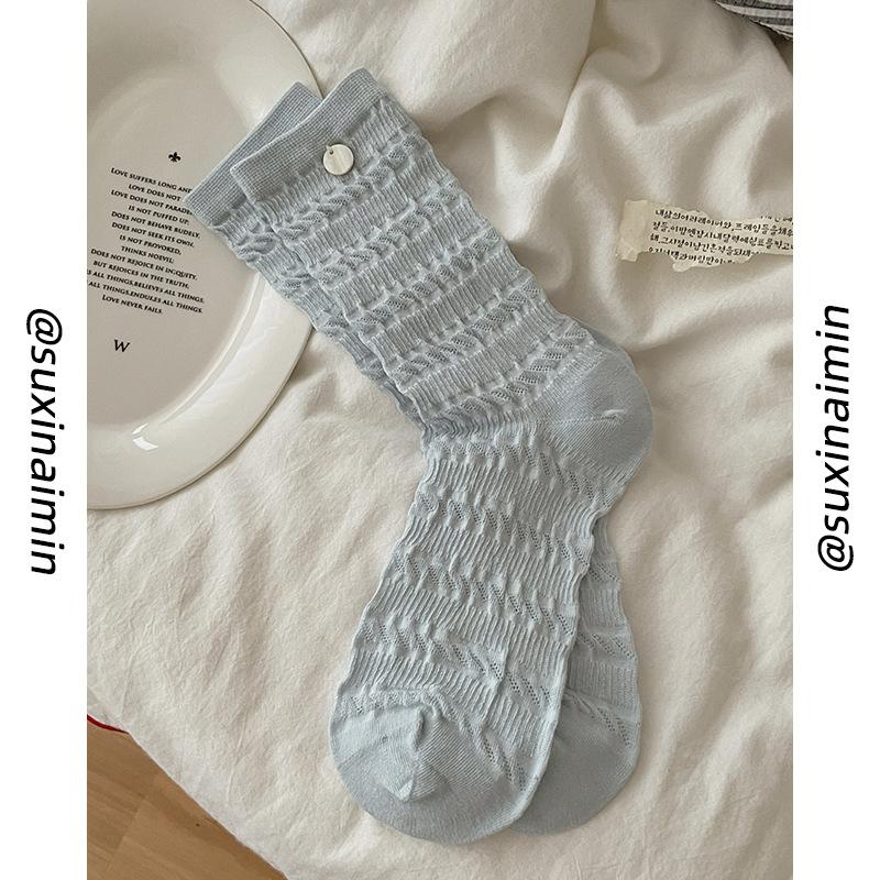 

Socks women s summer thin hollow dark pattern medium tube socks ins tide Japanese button cream stacking socks One size fits all світло-синій колір