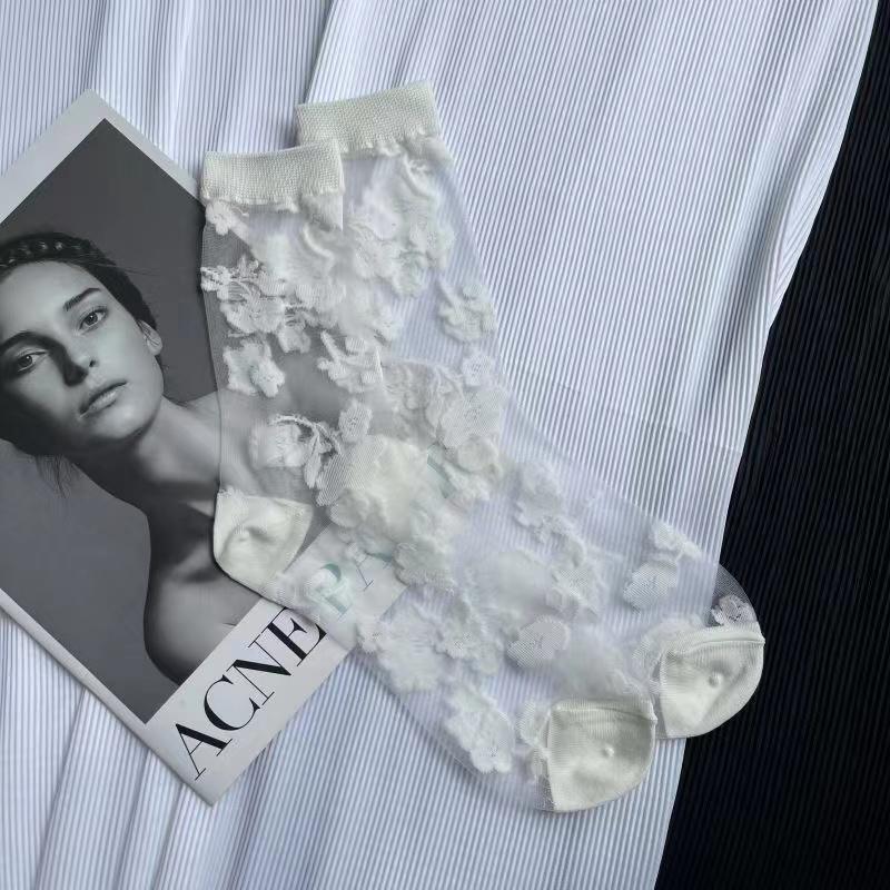 Summer Ultra-thin Transparent Nylon Long Socks Stockings Japanese Fashion Flower Knee Socks Vintage Crystal Silk Socks Stockings