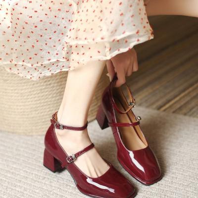High Heel Red One-Word Buckle Mary Jane Women'S Shoes Retro Thick Heel Patent Leather Single Shoes Small Leather Shoes