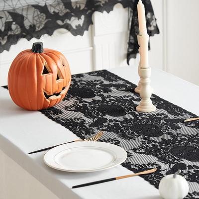 Decoración de Mesa Calavera Camino de Mesa Suave Halloween Camino de Mesa de Encaje Negro Decoración de Fiesta Navideña Bandera de Mesa Mantel