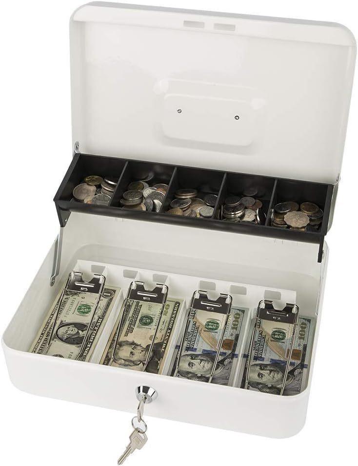 1pcs Iron Money Box with Lock Cash Box with Spring-Loaded Bill Clips 5 Grids Cantilever Coin Tray Safe Key Lock Money Organizer