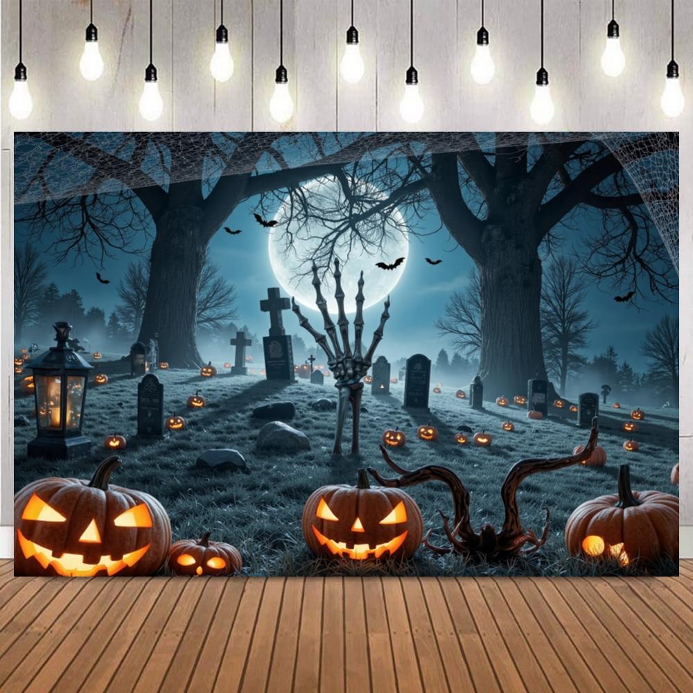Halloween Full Moon Night Background Photography Gothic Tombstone Zombie Hand Pumpkin Lantern Spider Web Skull Photo Backdrop21