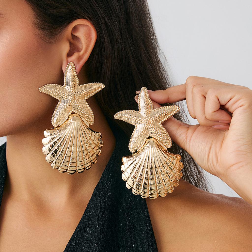Design Sense Metal Starfish Scallop Shell Necklace Female, Holiday Style Conch Pendant Clavicle Necklace