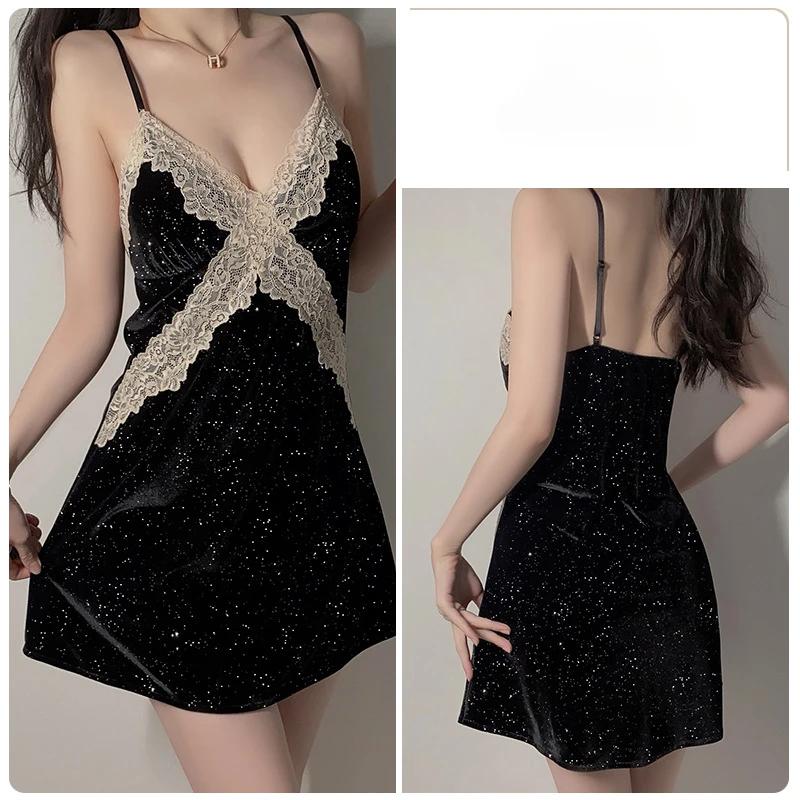Silver Fine Glitter Velvet Suspender Pajamas Women's Nightgown Lace Sexy Pajamas with Chest Pad Set