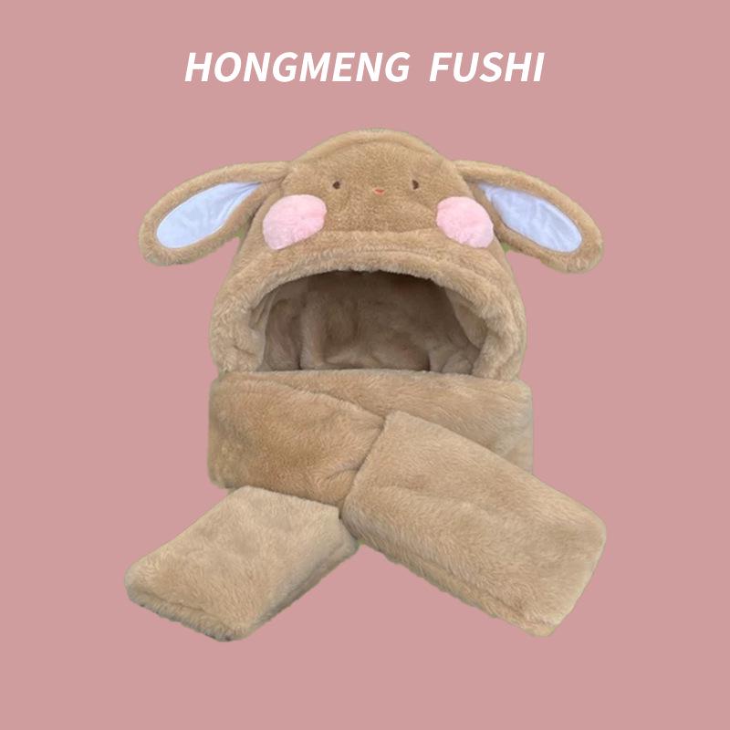 

Женский зимний милый комплект из плюшевой шапки, шарфа и перчаток с кроликом - ветрозащитный и уютный