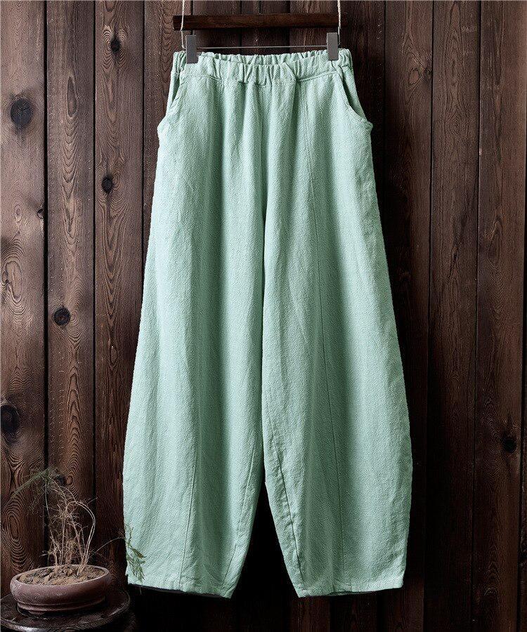 Pantaloni Larghi Vintage da Donna Cotone Lino Vita Elastica Tasche Casual Colore Unico Autunno Johnature
